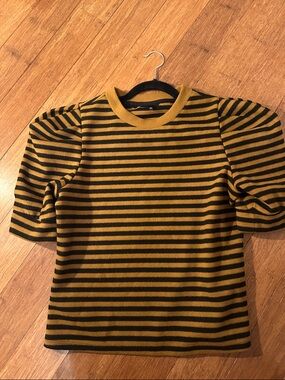 Who What Wear Mustard & Black Striped Puff Sleeve Tee